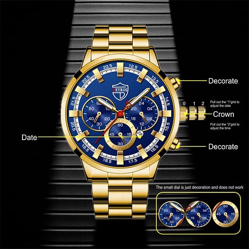 Fashion Mens Watches Luxury Men Sports Gold Stainless Steel Quartz Wrist Watch Man Business Casual Leather 1